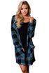 Sexy Blue Black Checkered Button Up Hooded Cardigan